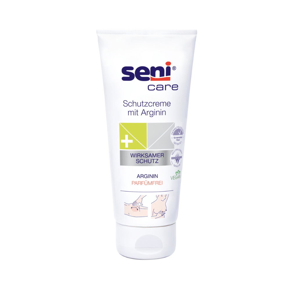 A white tube of Seni Care wound protection cream with arginine – 200 ml from TZMO Germany emphasizes its effective protection for sensitive skin. The vegan, fragrance-free formula supports the skin regeneration process and is therefore ideal for skin care.