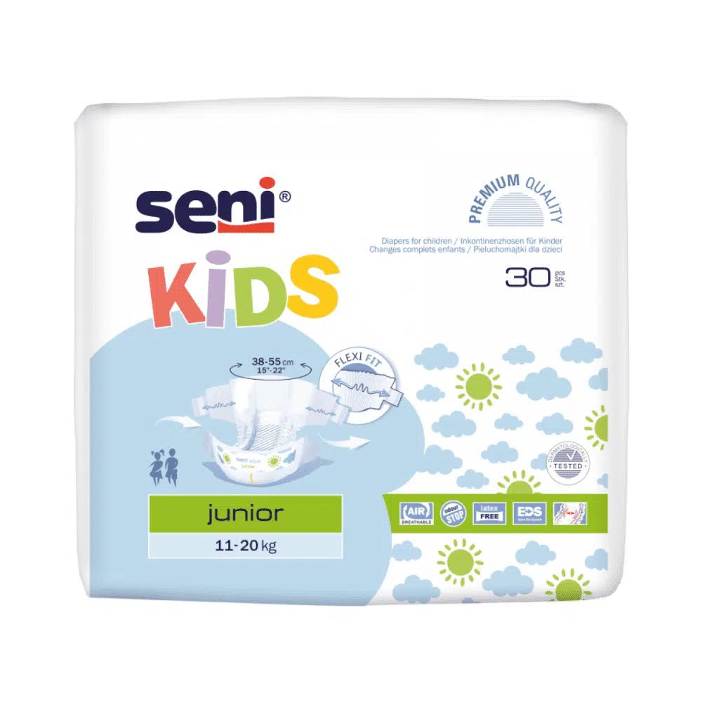 Pictured is a pack of Seni Kids a30 breathable incontinence pants for children from TZMO Deutschland GmbH with colorful designs, labeled "11-20 kg" and "30 pieces". It features symbols for air circulation, flexible fit, and premium quality, emphasizing its breathable outer layer.