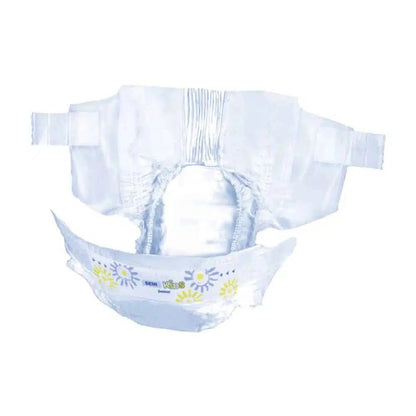 The Seni Kids Junior diaper from TZMO Deutschland GmbH features an absorbent core, elastic adhesive tabs, and a breathable outer layer for added comfort. This model displays yellow and blue floral designs with "children" and offers functionality with flair against a white background.