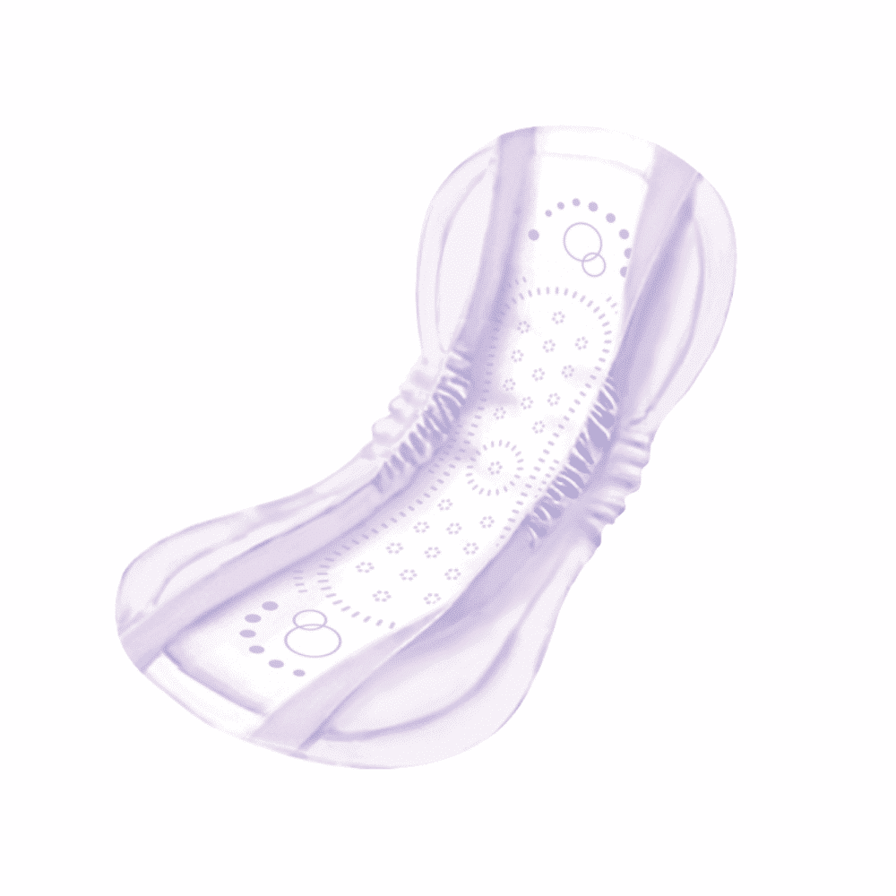 A pack (15 pieces) of Seni Lady Extra Plus pads from TZMO Deutschland GmbH, light purple, rounded edges and decorative pattern. Soft, breathable incontinence pads for women on a plain white background.