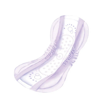 A Seni Lady Super incontinence pad (TZMO Deutschland GmbH) from a pack of 15 with a delicate violet hue, contoured sides, side cuffs, and a pattern of small circles on a white background.