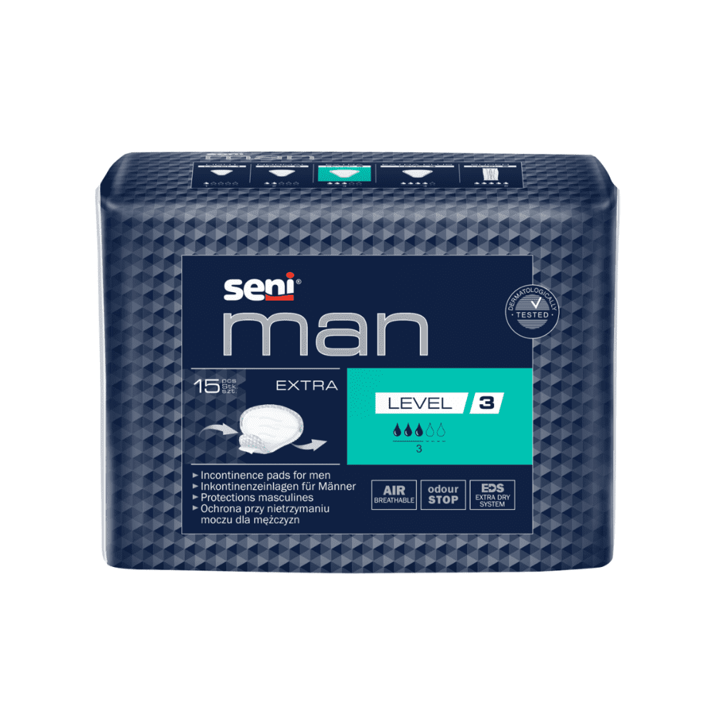 A pack of Seni Man Extra Level 3 incontinence pads (15 pieces) from TZMO Germany GmbH for men with 15 pads per pack in a blue color scheme and the claim that they provide odor control and improved air circulation.