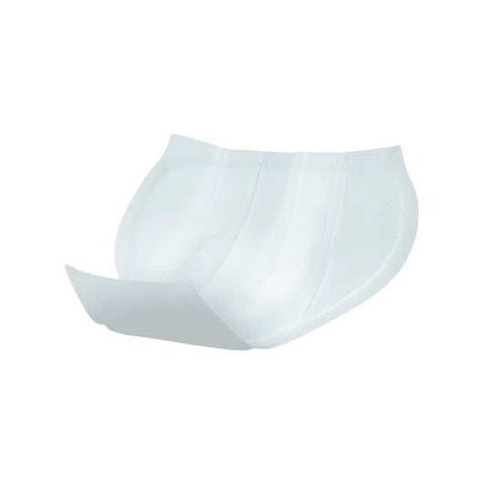 A pair of white, sheer women's underwear with Seni Man Extra Incontinence Pads for Men - 15 Count | Package (15 Count) on a white background by TZMO Deutschland GmbH.