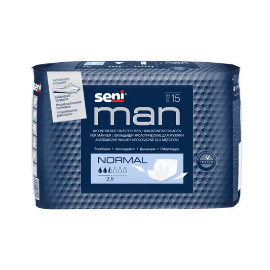 A blue package Seni The Man Normal Incontinence Pads for Men by TZMO Deutschland GmbH contain 15 pads with an absorbency rating of 2.5 out of 6 drops—for discretion and security.