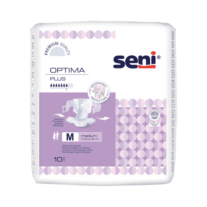A package of Seni Optima Plus incontinence pads with waistband from TZMO Deutschland GmbH, size M, offers ergonomic protection and premium quality. The package contains 10 incontinence pads for adults. Brand logo and product name are displayed.