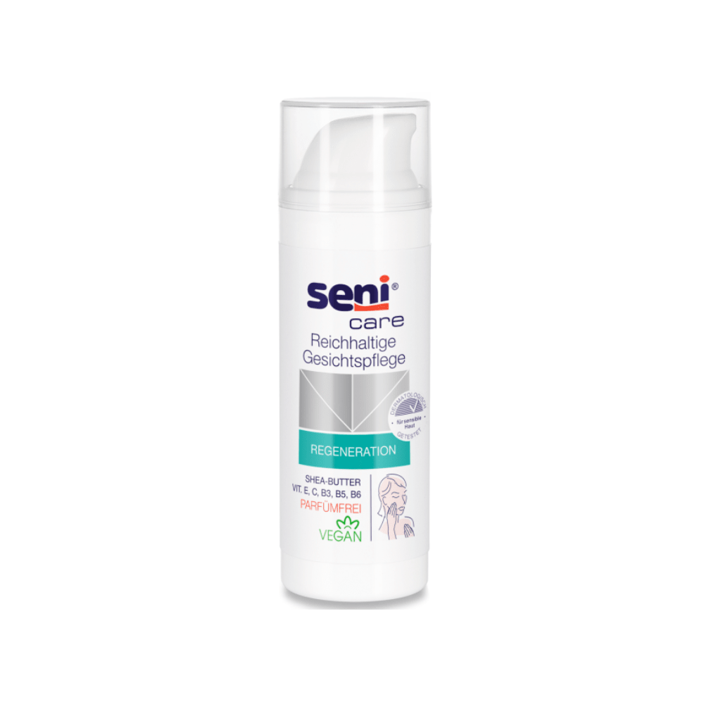 The Seni Care Rich Facial Care by TZMO Deutschland GmbH is a 50 ml face cream, ideal for sensitive skin, enriched with shea butter and vitamins E, C, B3, B5, B6 for extra moisture. The vegan formula comes in a white bottle with blue-green and violet accents.