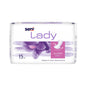 The Seni Lady Super incontinence pads by TZMO Deutschland GmbH are a white package with violet accents and floral motifs, containing 15 pads for moderate bladder weakness. The German text includes information on wearing comfort, features, and absorbency.