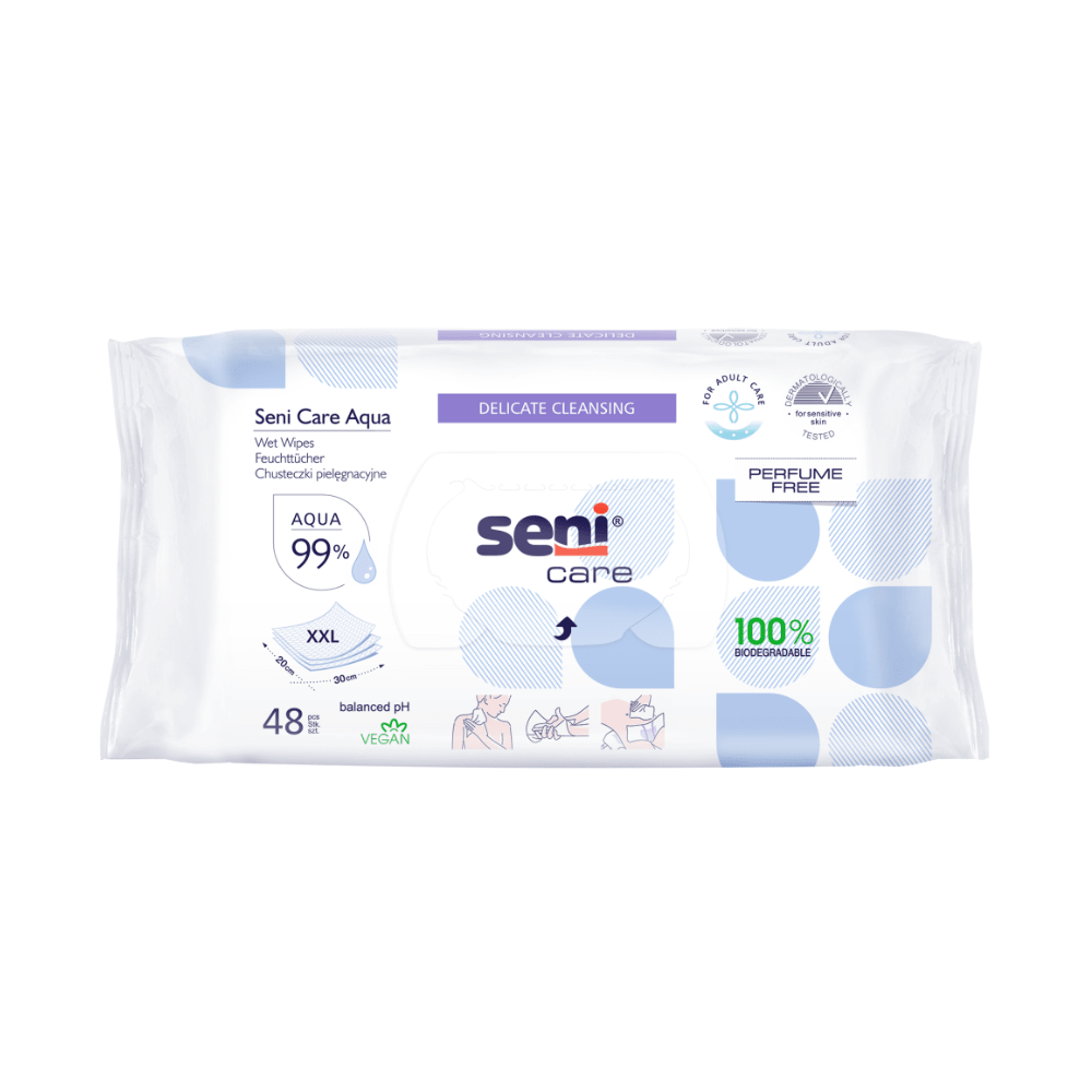 Pictured is a pack of Seni Care Aqua Wet Wipes | Pack (48 pieces) by TZMO Deutschland GmbH. The pack is predominantly white with blue accents, indicating that they are 99% made of aqua and are XXL size. The wipes are fragrance-free, vegan, have a balanced pH, and are 100% biodegradable, perfect for sensitive skin. The pack contains 48 wipes.