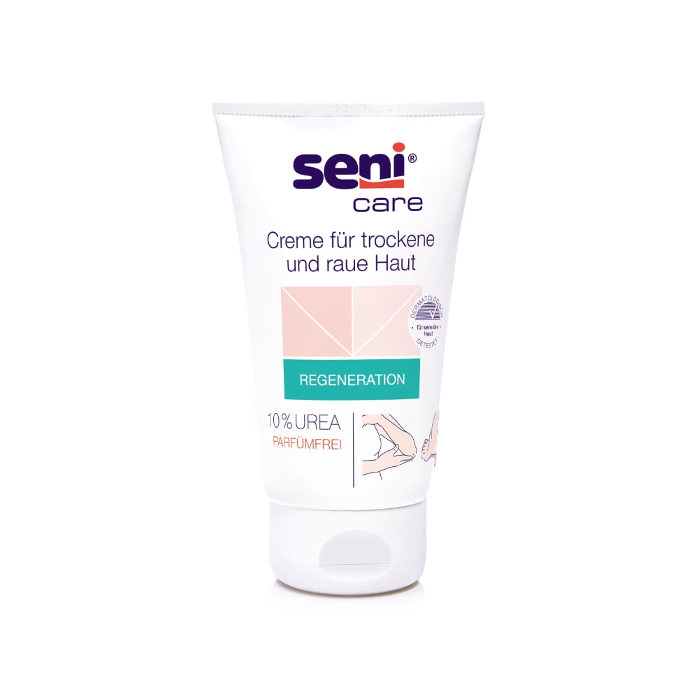 A 100 ml tube of Seni Care Cream from TZMO Deutschland GmbH for dry and rough skin has a white background with light pink and green accents. The label indicates 10% urea, is fragrance-free, increases moisture content, and includes a German instruction.
