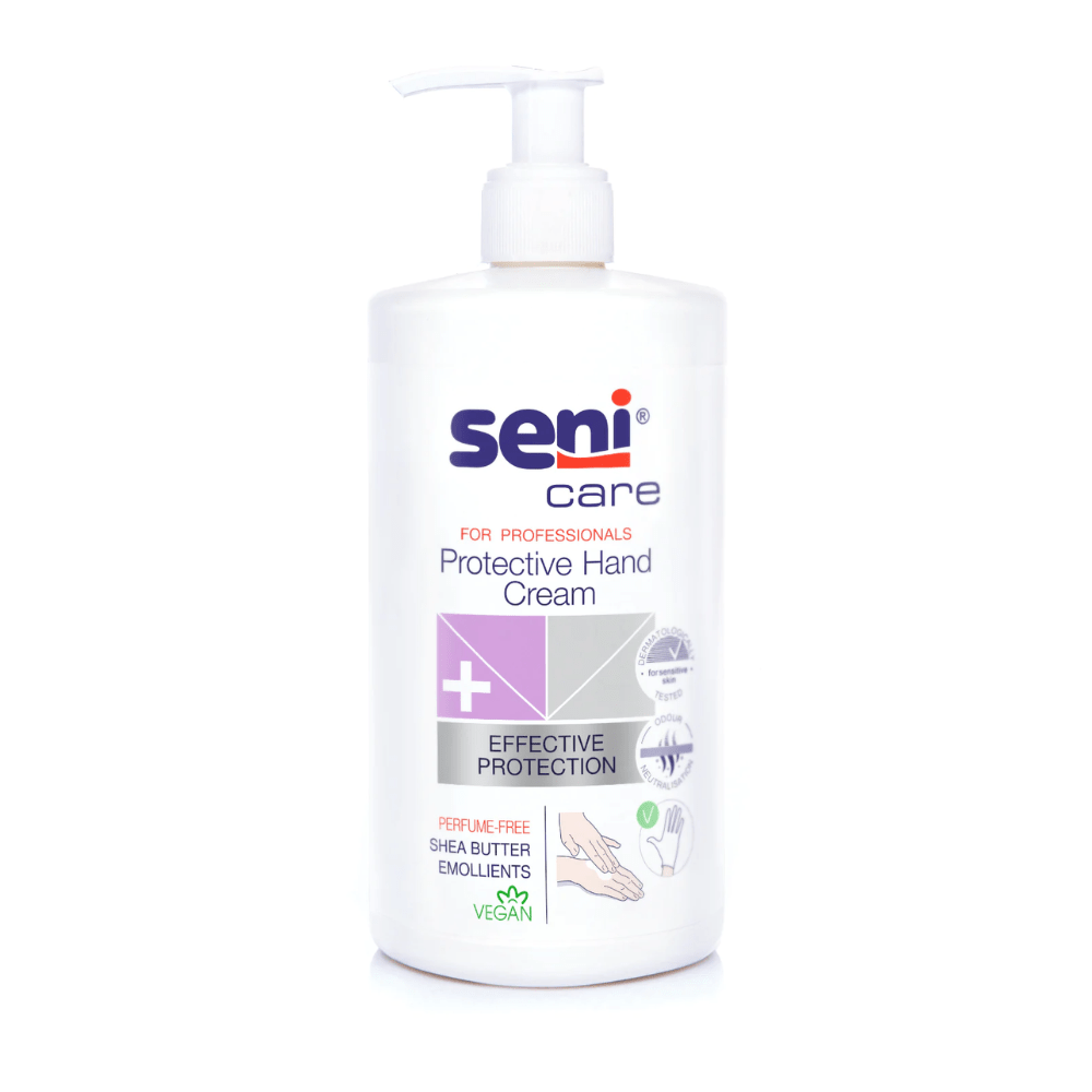 A bottle of Seni Care hand protection cream with shea butter from TZMO Deutschland GmbH with a pump dispenser. The label states that the cream is vegan, perfume-free, and contains shea butter. Symbols illustrate the effectiveness