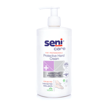 A bottle of Seni Care hand protection cream with shea butter from TZMO Deutschland GmbH with a pump dispenser. The label states that the cream is vegan, perfume-free, and contains shea butter. Symbols illustrate the effectiveness