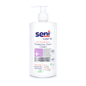A bottle of Seni Care hand protection cream with shea butter from TZMO Deutschland GmbH with a pump dispenser. The label states that the cream is vegan, perfume-free, and contains shea butter. Symbols illustrate the effectiveness