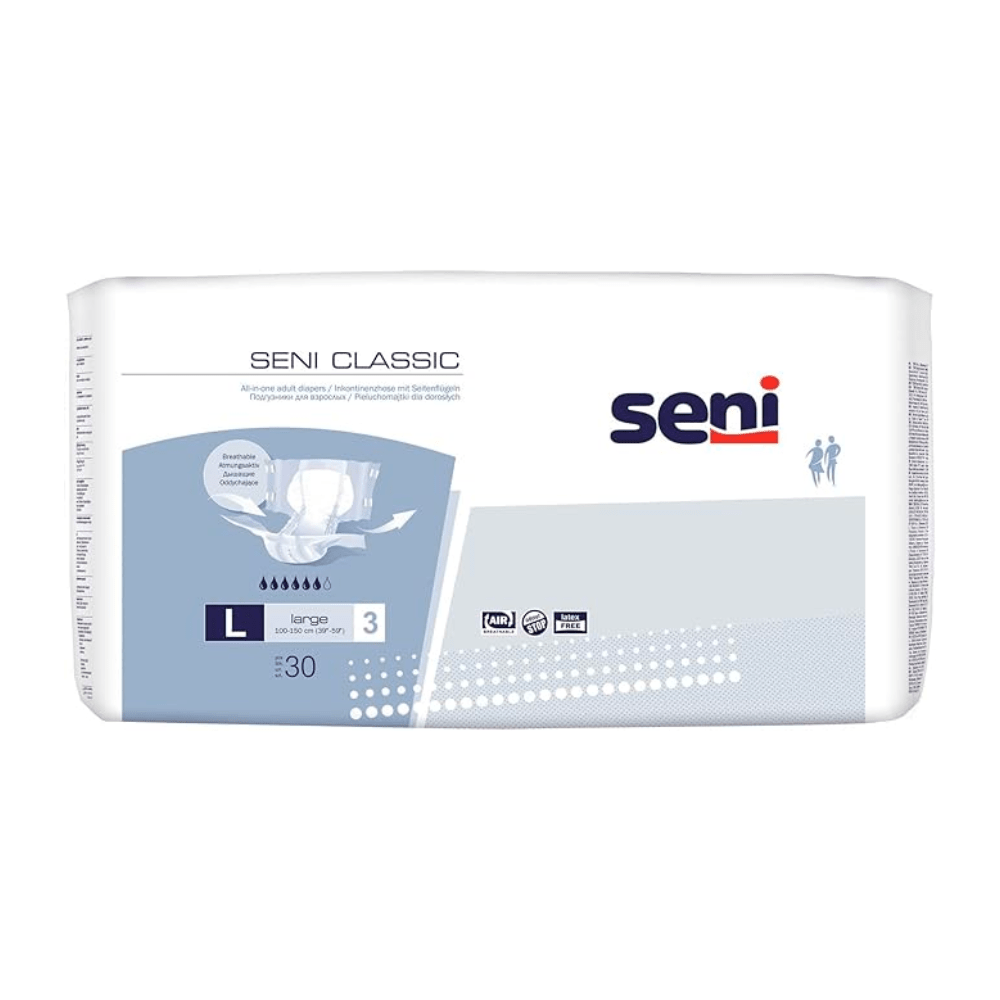 A pack of 30 Seni Classic incontinence briefs, size S-L from TZMO Deutschland GmbH, is delivered in a white-blue packaging with a superabsorbent core for reliable protection against bladder weakness and clear brand labeling.
