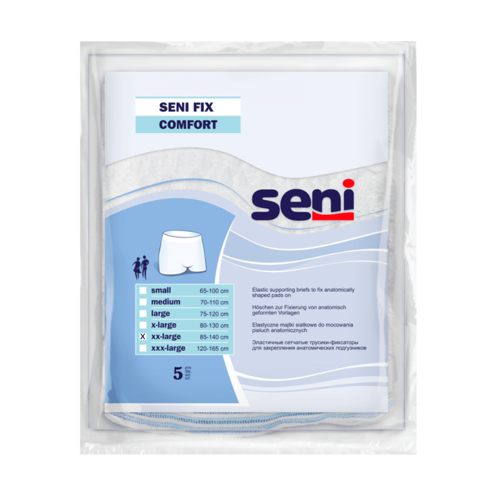 The Seni Fix Comfort packaging by TZMO Deutschland GmbH presents comfort-oriented elastic fixing pants, available in sizes Small to XXX-Large. With a graphic and multilingual descriptions of size and product details, this 5-pack is ideal for anyone seeking reliable incontinence products.