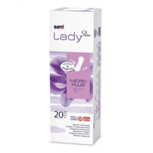 A rectangular box of Seni Lady Slim Micro Plus pads from TZMO Deutschland GmbH in purple and white contains 20 pads and highlights the most important features – ideal for light incontinence.