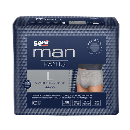One package Seni Man Pants absorbent underwear for men by TZMO Deutschland GmbH, high-quality adult diapers for incontinence in large sizes, with a gray waistband and an illustration showing the fit on a mannequin. Contains 10