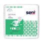 A pack of Seni Optima Trio incontinence pads with hip belt from TZMO Deutschland GmbH, size L, with 10 pieces, featuring the text “Premium quality” and diagrams illustrating the application. The packaging is white with green accents and geometric patterns.