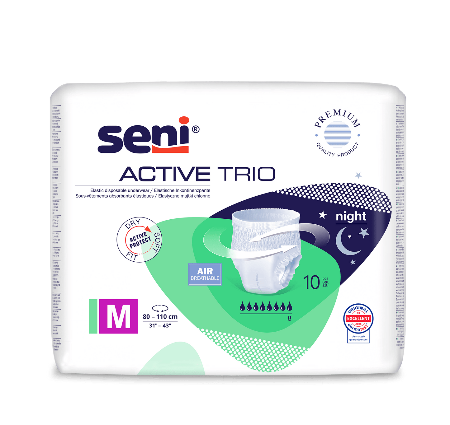 A pack of Seni Active Trio incontinence pants from TZMO Deutschland GmbH, size M (80-110 cm), for severe incontinence with night protection. The packaging shows the product and highlights breathability and dermatological testing.