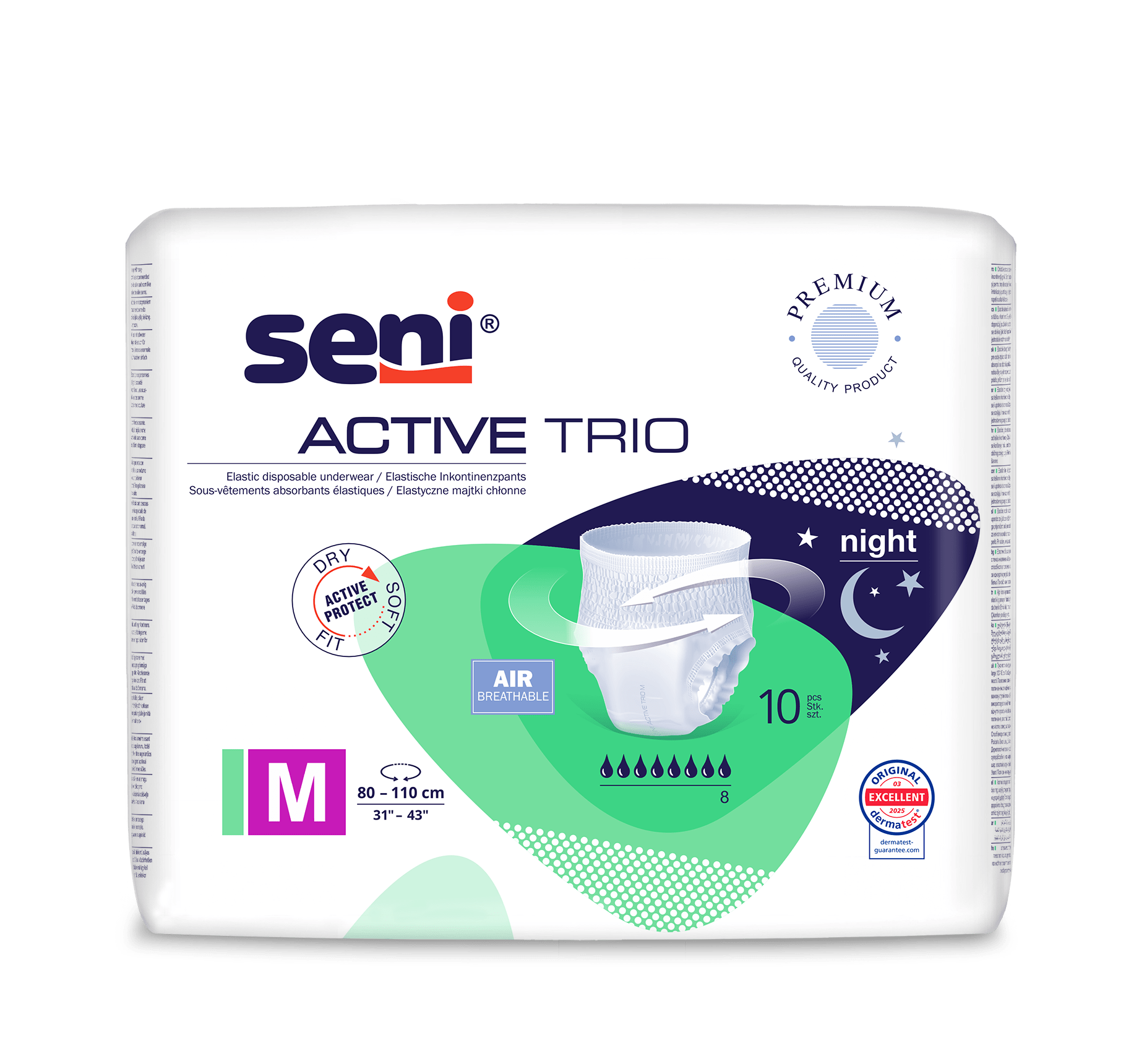 A pack of Seni Active Trio incontinence pants from TZMO Deutschland GmbH, size M (80-110 cm), for severe incontinence with night protection. The packaging shows the product and highlights breathability and dermatological testing.