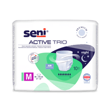 A pack of Seni Active Trio incontinence pants from TZMO Deutschland GmbH, size M (80-110 cm), for severe incontinence with night protection. The packaging shows the product and highlights breathability and dermatological testing.