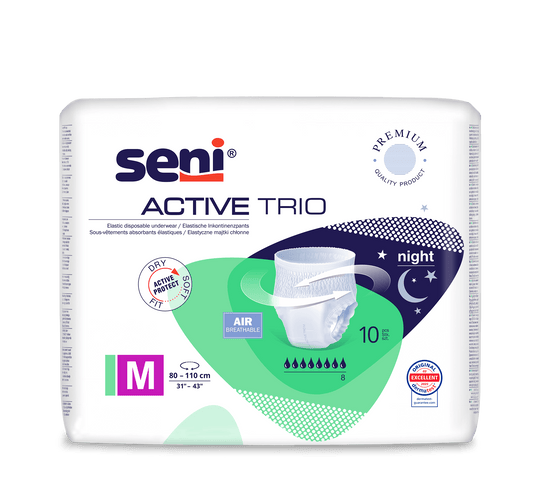 A pack of Seni Active Trio incontinence pants from TZMO Deutschland GmbH, size M (80-110 cm), for severe incontinence with night protection. The packaging shows the product and highlights breathability and dermatological testing.