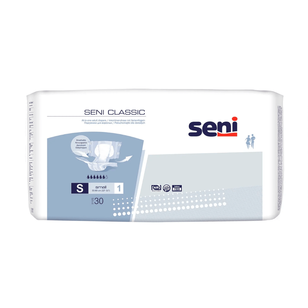 A pack of 30 Seni Classic incontinence briefs, size S-L from TZMO Deutschland GmbH. The white pack with blue/gray accents shows product images and information on bladder weakness absorbency.