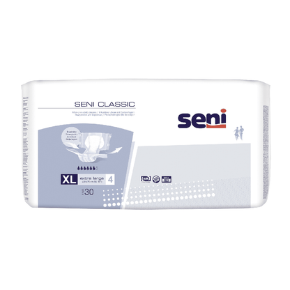 A pack of Seni Classic incontinence briefs from TZMO Deutschland GmbH in sizes S-L, predominantly white with blue and gray accents, features absorbency symbols, brand logo, superabsorbent core, and contains 30 pieces for bladder weakness (level 4).