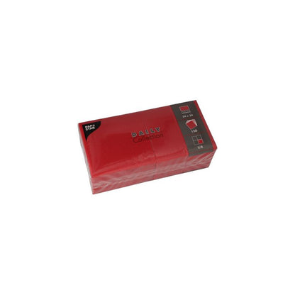 A pack of red napkins, ideal for any table decoration, labeled as "DAILY Collection" by PAPSTAR GmbH. The pack contains 100 pieces with dimensions of 24 x 24 cm and features a 1/4-fold graphic.
