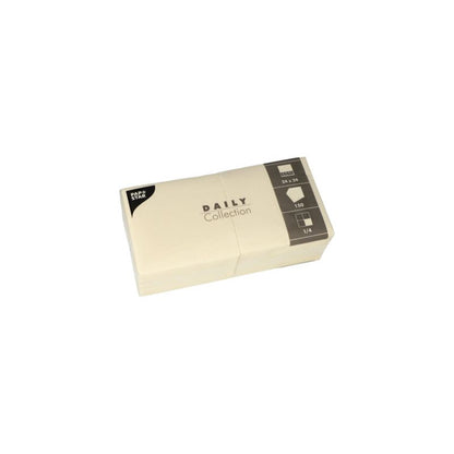 A pack of PAPSTAR napkins from the "DAILY Collection", folded disposable paper napkins, perfect for your table decoration. The beige packaging contains a black and white text describing specifications like the 1/4-fold style and the size 24 cm x 24 cm, while also emphasizing the commitment to sustainability.
