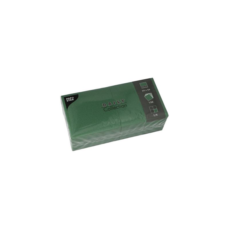 A stack of green napkins in a package labeled "PAPSTAR ‘DAILY Collection‘". The package contains 50 FSC-certified napkins in the format 24 x 24 cm and is labeled as 1/4 fold. Perfect for sustainable table decoration.