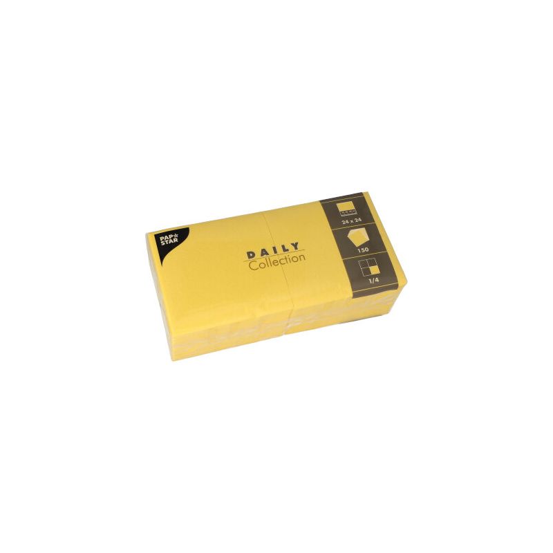 An eco-friendly table decoration is offered by the yellow napkins from the "DAILY Collection" by PAPSTAR GmbH. The FSC-certified napkins have the size 24x24 cm, with 150 pieces per pack, and feature a practical quarter fold.