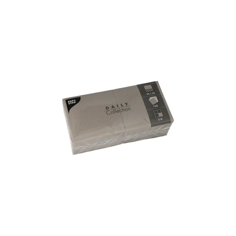 A sustainable table decoration solution is offered by a pack of gray napkins from the "DAILY Collection" by PAPSTAR GmbH. The FSC-certified napkins are 24 x 24 cm in size, available in a quantity of 50 pieces, and feature a 1/4 fold.