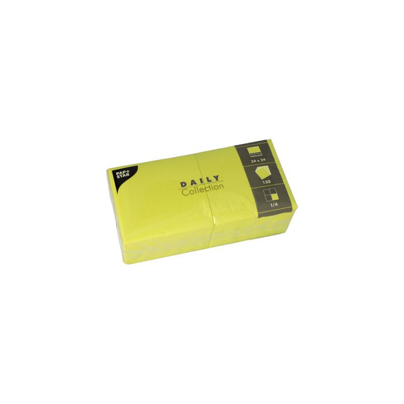 A pack of yellow napkins labeled "DAILY Collection" by PAPSTAR GmbH. The packaging, ideal for sustainable table decoration, contains 50 1/4-fold napkins with dimensions of 24 cm x 24 cm.