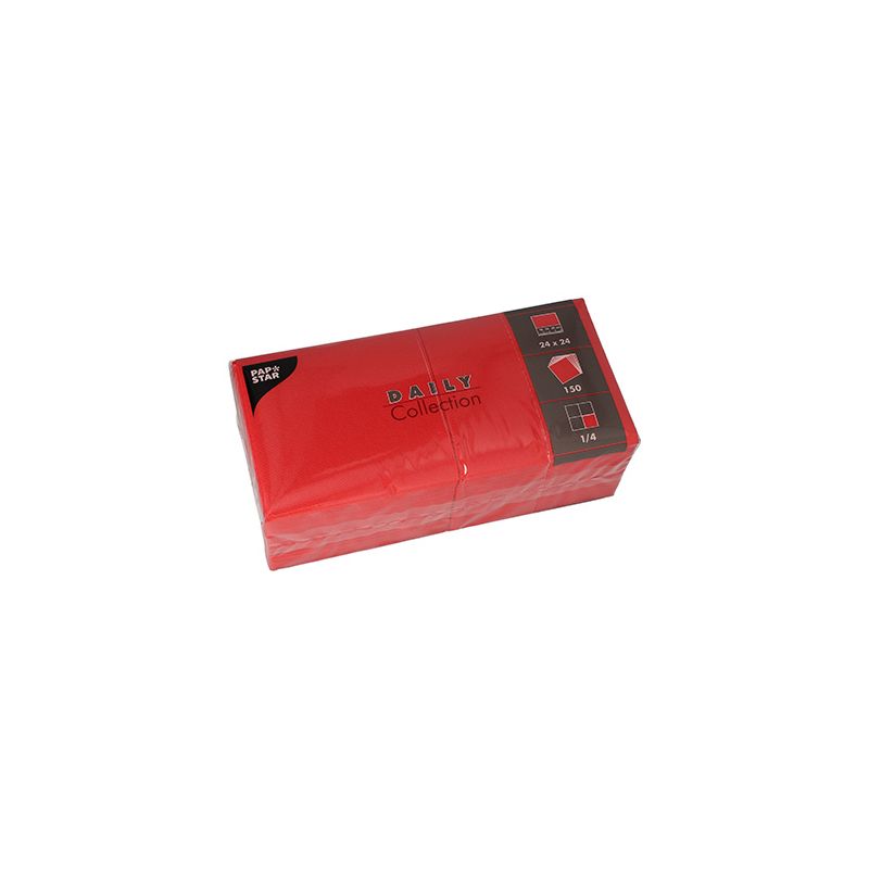 A pack of FSC-certified red paper napkins with the inscription "PAPSTAR 'DAILY Collection'" in a rectangular design. The packaging features black-and-white squares on the right side that indicate the size and number of napkins, making them ideal for sustainable table decoration.