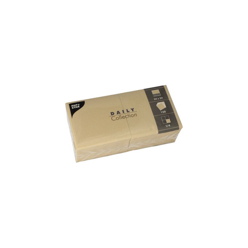 On a white background stands a rectangular package with the inscription "PAPSTAR DAILY Collection". The beige box is adorned with black-and-white text and displays symbols like "59", "1/4", and "R&A-24". Inside are FSC-certified black napkins from PAPSTAR GmbH for sustainable table decoration.