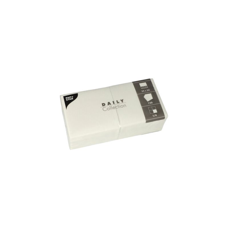 The white PAPSTAR napkin pack "DAILY Collection" is perfect as a table decoration and is marked with symbols indicating the dimensions and quantity: 24 x 24 cm and 50 napkins. A black label with "BEST STAR" is present, and the napkins are neatly arranged in the packaging.