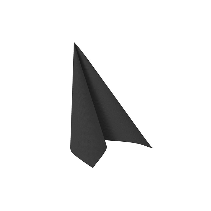 The black napkin PAPSTAR 20 napkins "ROYAL Collection" 1/4-fold 40x40 cm by PAPSTAR GmbH stands upright folded into a triangle on a simple white background, adding elegance to the set table.