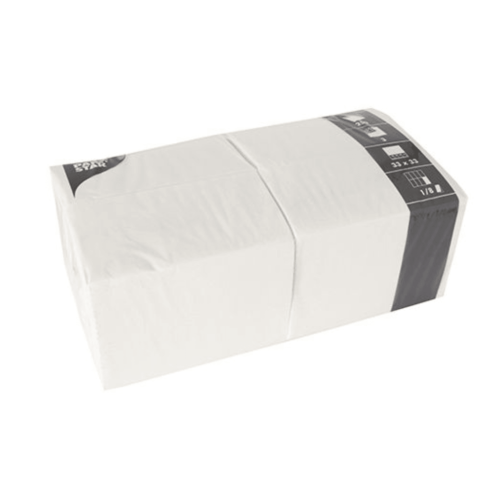 A rectangular pack of PAPSTAR 250 napkins, 3-ply 1/8-fold from PAPSTAR GmbH measures 33 x 33 cm and is packaged in transparent plastic with a black and white label at one end.
