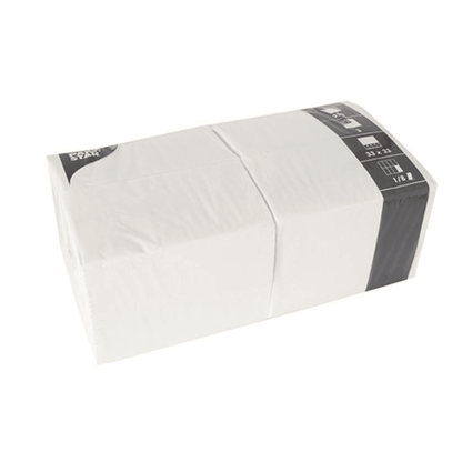 A rectangular pack of PAPSTAR 250 napkins, 3-ply 1/8-fold from PAPSTAR GmbH measures 33 x 33 cm and is packaged in transparent plastic with a black and white label at one end.