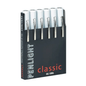 A black box labeled “Penlight Classic Six Pack Dispenser, printed” by Servoprax GmbH contains six white, pen-shaped flashlights, commonly used in medical examinations. Each penlight has a silver clip for convenient access during diagnosis.