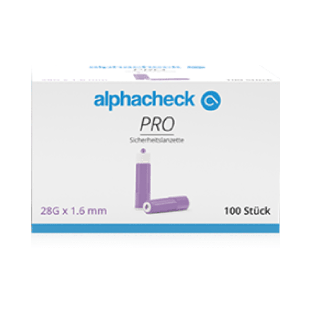 A white box with the brand name Berger Med GmbH on top in blue letters and a blue logo. The box contains 100 purple Alphacheck PRO safety lancets, various sizes, each 28G x 1.6mm for capillary blood collection. On the front, two lancets can be seen. Under the brand name for blood sugar, the word 'safety lancet' is printed.
