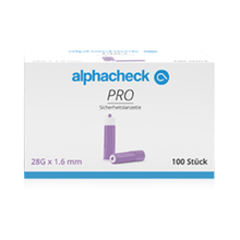 A white box with the brand name Berger Med GmbH on top in blue letters and a blue logo. The box contains 100 purple Alphacheck PRO safety lancets, various sizes, each 28G x 1.6mm for capillary blood collection. On the front, two lancets can be seen. Under the brand name for blood sugar, the word 'safety lancet' is printed.