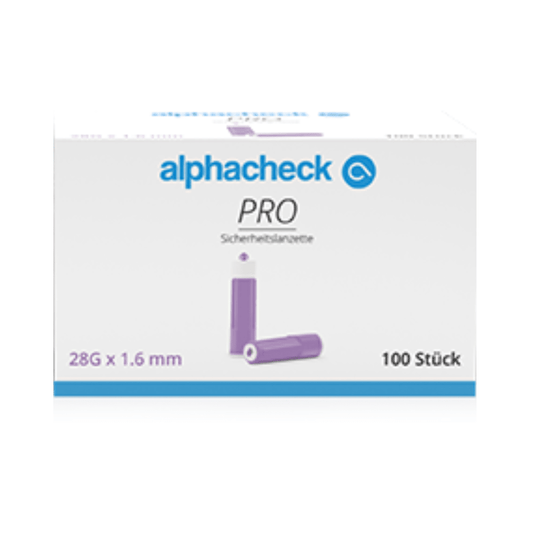 A white box with the brand name Berger Med GmbH on top in blue letters and a blue logo. The box contains 100 purple Alphacheck PRO safety lancets, various sizes, each 28G x 1.6mm for capillary blood collection. On the front, two lancets can be seen. Under the brand name for blood sugar, the word 'safety lancet' is printed.