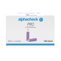 A white box with the brand name Berger Med GmbH on top in blue letters and a blue logo. The box contains 100 purple Alphacheck PRO safety lancets, various sizes, each 28G x 1.6mm for capillary blood collection. On the front, two lancets can be seen. Under the brand name for blood sugar, the word 'safety lancet' is printed.