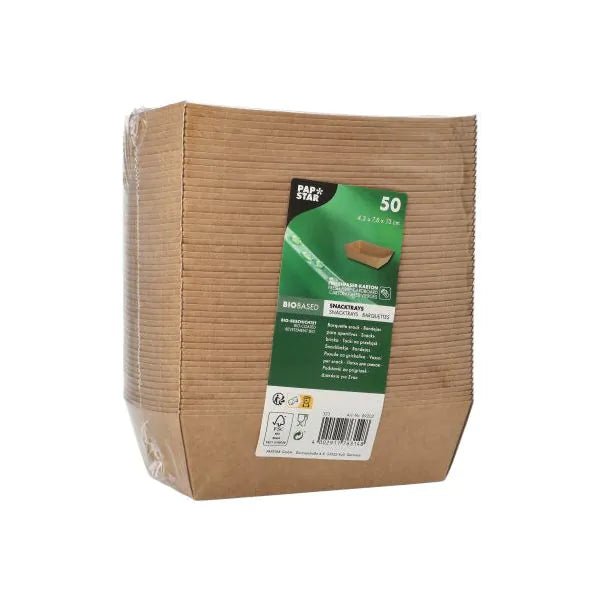 A stack of 50 PAPSTAR snack trays, cardboard "pure" - brown from PAPSTAR GmbH is packed in plastic with a green-white label and offers eco-friendly disposable snack trays for sustainable disposable tableware needs.