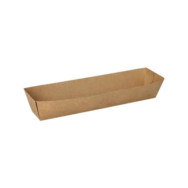 The PAPSTAR 50 snack trays made of brown cardboard "pure" from PAPSTAR GmbH - rectangular with angled sides, photographed on a white background - are the ideal sustainable disposable tableware for environmentally conscious connoisseurs.