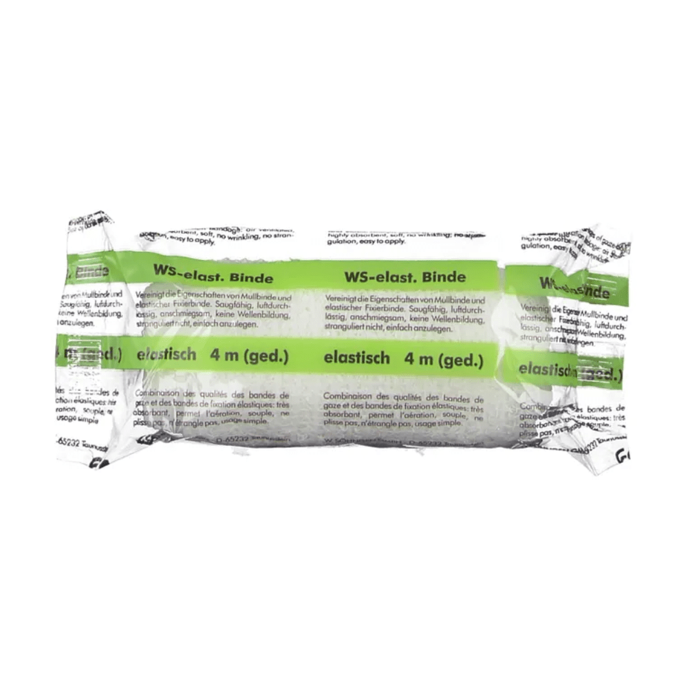 A packaged Söhngen WS-elast. gauze bandage from W. Söhngen GmbH with a green-white label offers versatile support and compression options. The elastic bandage measures 8 cm x 4 m. The predominantly white packaging with black-green text makes it ideal for any first aid kit.