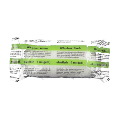 A packaged Söhngen WS-elast. gauze bandage from W. Söhngen GmbH with a green-white label offers versatile support and compression options. The elastic bandage measures 8 cm x 4 m. The predominantly white packaging with black-green text makes it ideal for any first aid kit.
