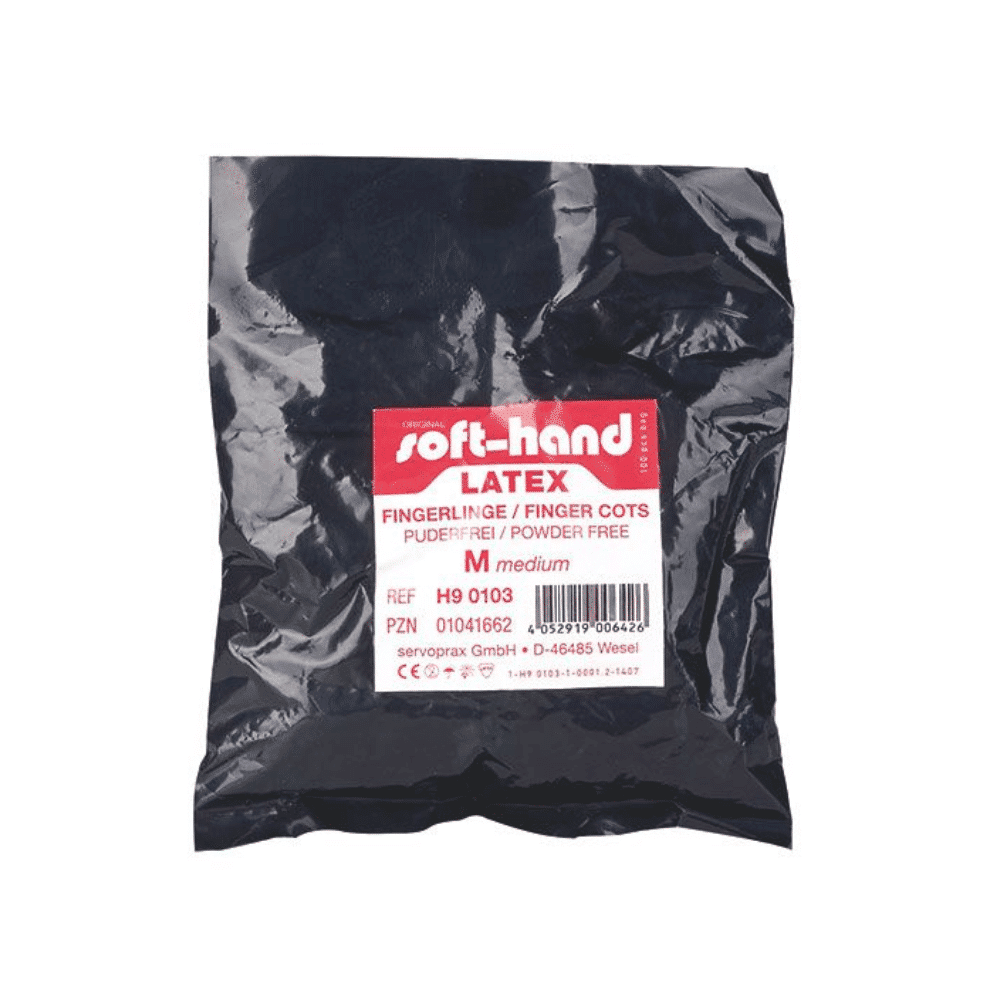 A package labeled “Soft-Hand latex finger cots, size 3 – 100 pieces” from Servoprax GmbH contains medium-sized, non-sterile finger cots. The packaging is black with a red and white label and is powder-free.