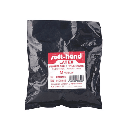A package labeled “Soft-Hand latex finger cots, size 3 – 100 pieces” from Servoprax GmbH contains medium-sized, non-sterile finger cots. The packaging is black with a red and white label and is powder-free.